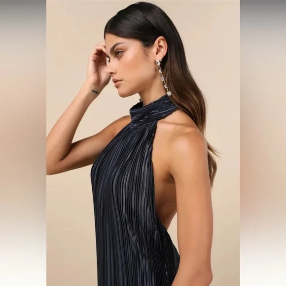 Lulus Gwenny High Neckline Satin Plisse Maxi Dress Dark Navy Blue - Size Medium - Picture 5 of 7